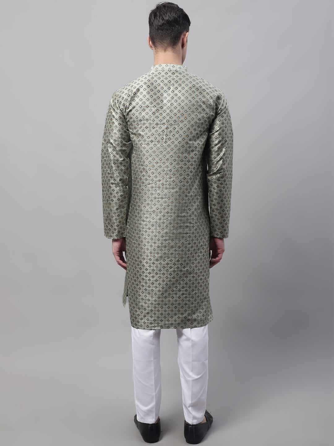 Men's Green Printed Silk Blend Kurta Payjama