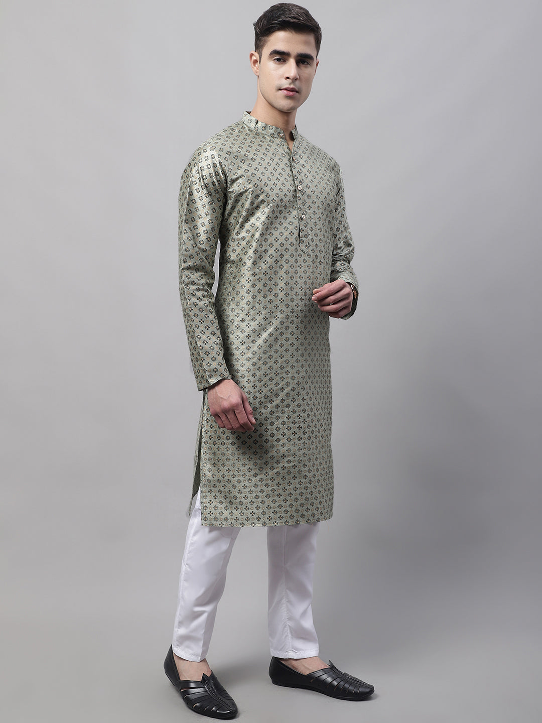 Men's Green Printed Silk Blend Kurta Payjama