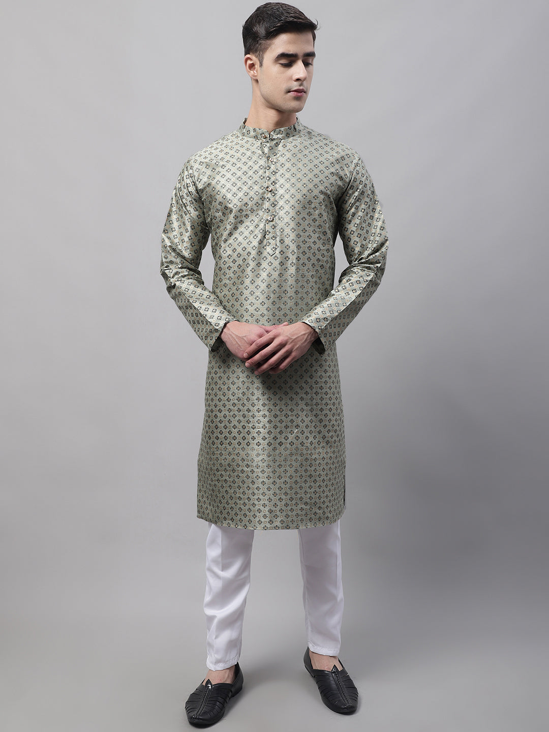 Men's Green Printed Silk Blend Kurta Payjama