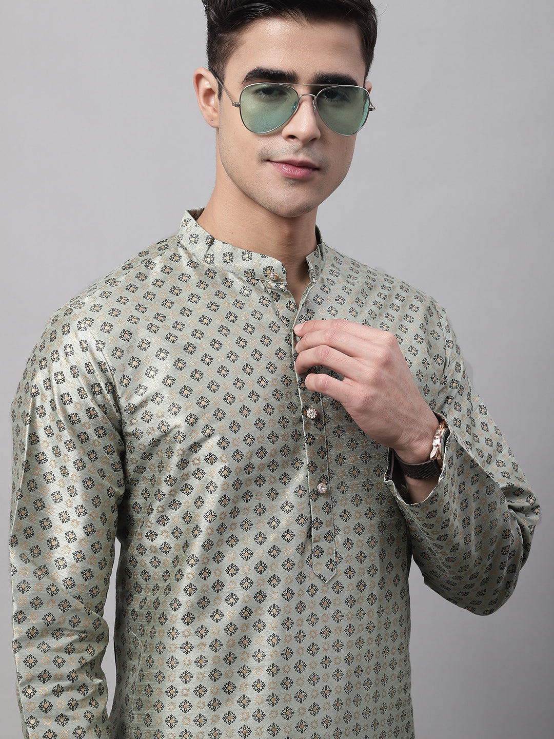 Men's Green Printed Silk Blend Kurta Payjama