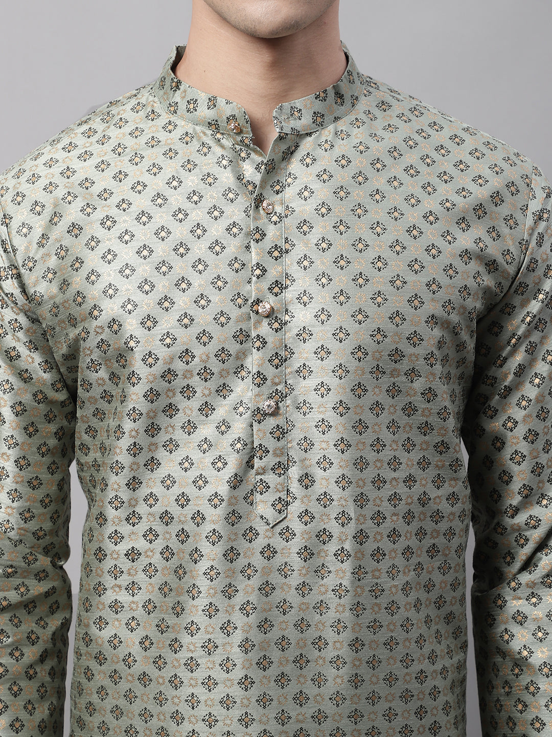 Men's Green Printed Silk Blend Kurta Payjama