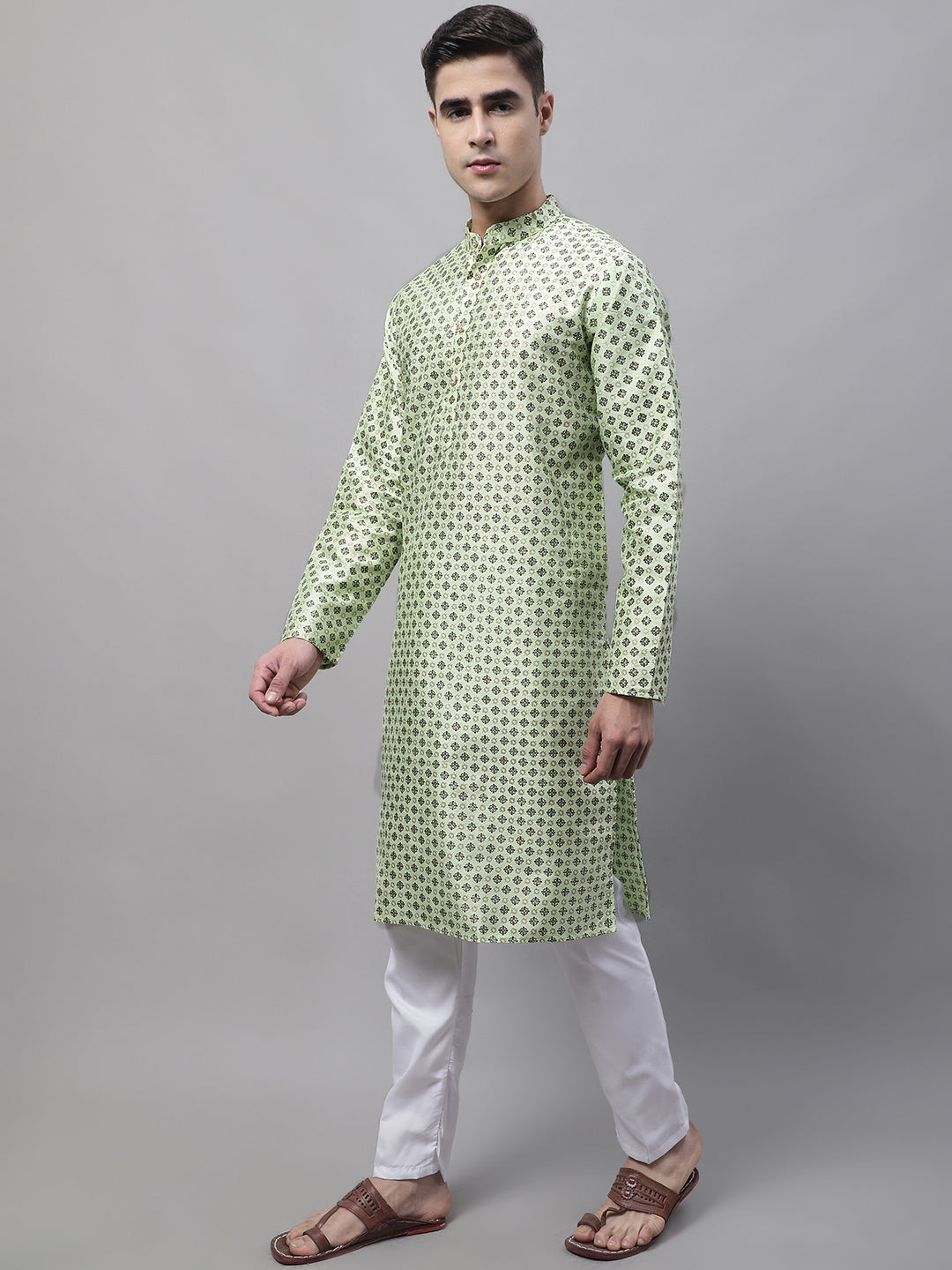 Men's Pista Green Printed Silk Blend Kurta Payjama