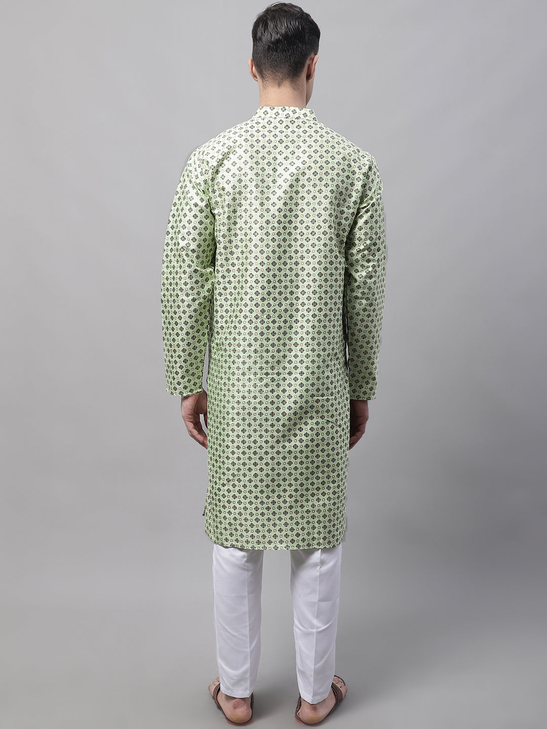 Men's Pista Green Printed Silk Blend Kurta Payjama