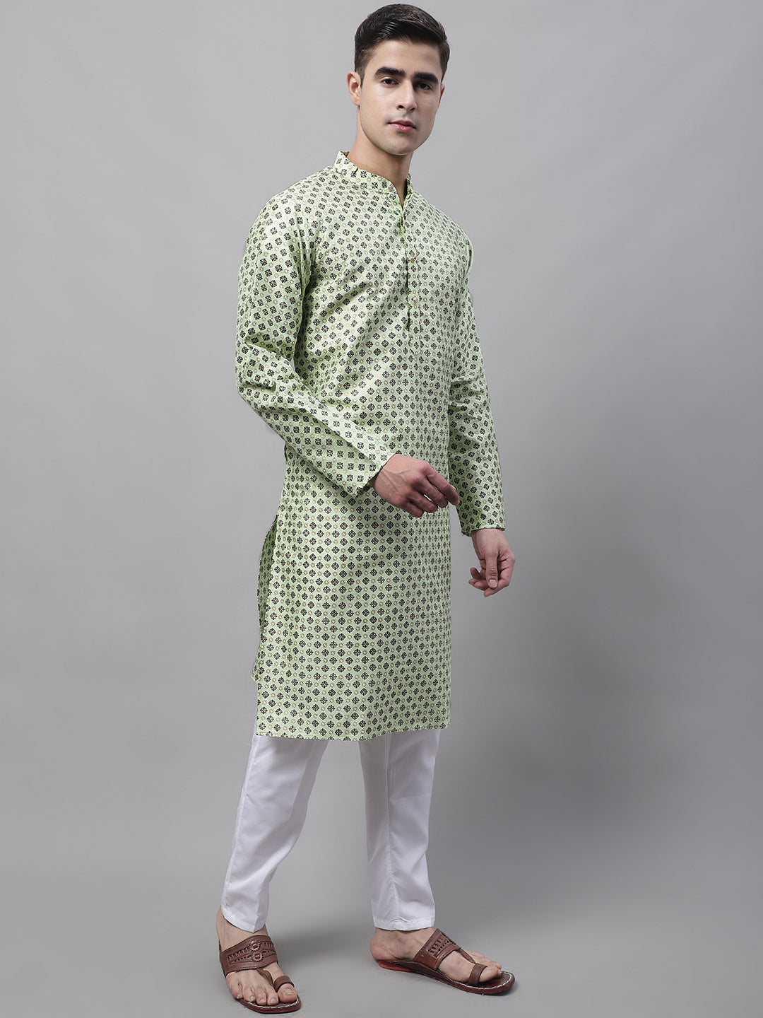 Men's Pista Green Printed Silk Blend Kurta Payjama