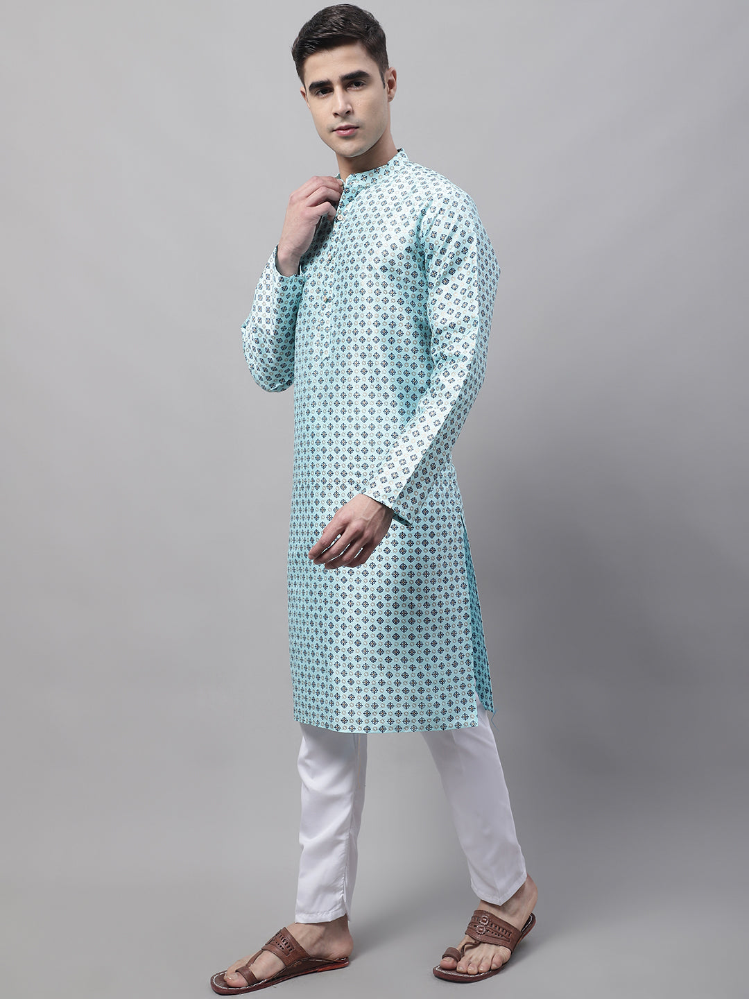 Men's Sky Blue Printed Silk Blend Kurta Payjama