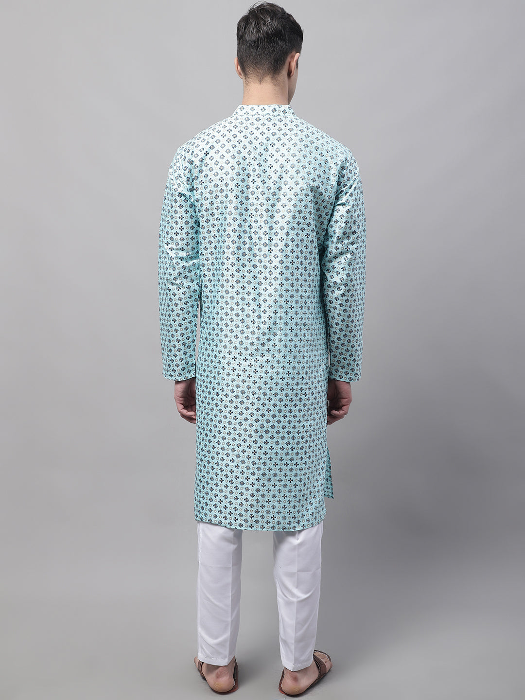 Men's Sky Blue Printed Silk Blend Kurta Payjama