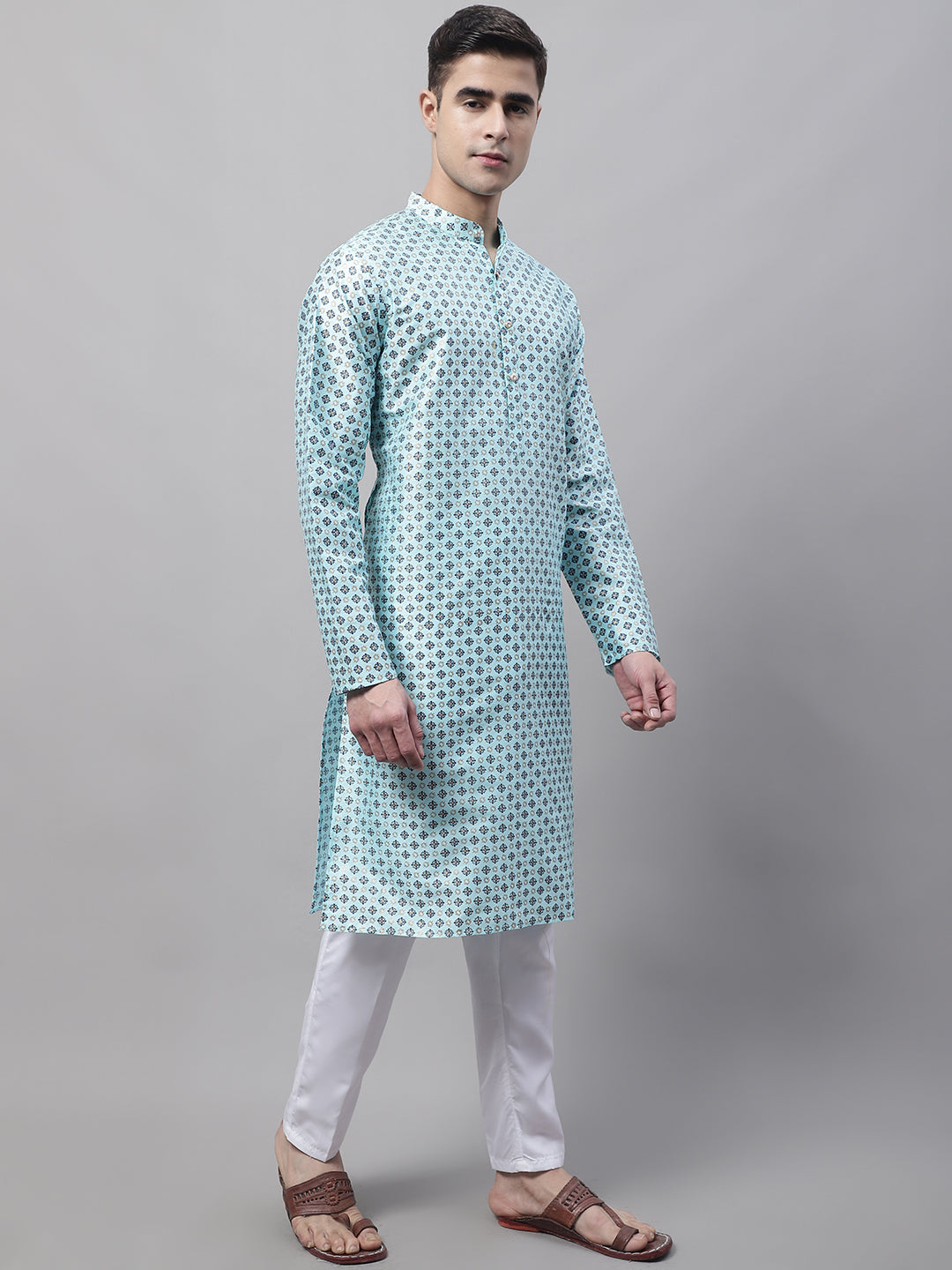 Men's Sky Blue Printed Silk Blend Kurta Payjama