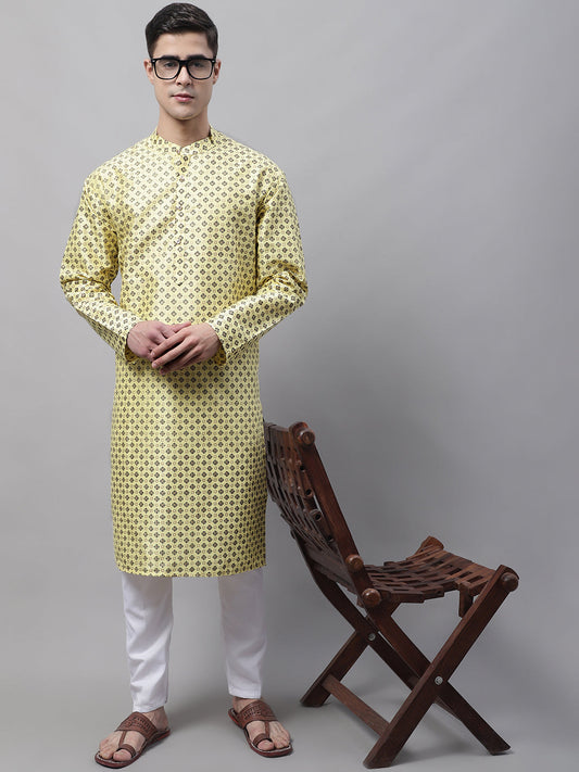 Men's Yellow Printed Silk Blend Kurta Payjama ( JOKP P 686 Yellow )