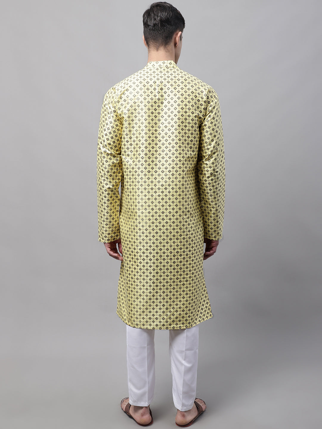 Men's Yellow Printed Silk Blend Kurta Payjama ( JOKP P 686 Yellow )
