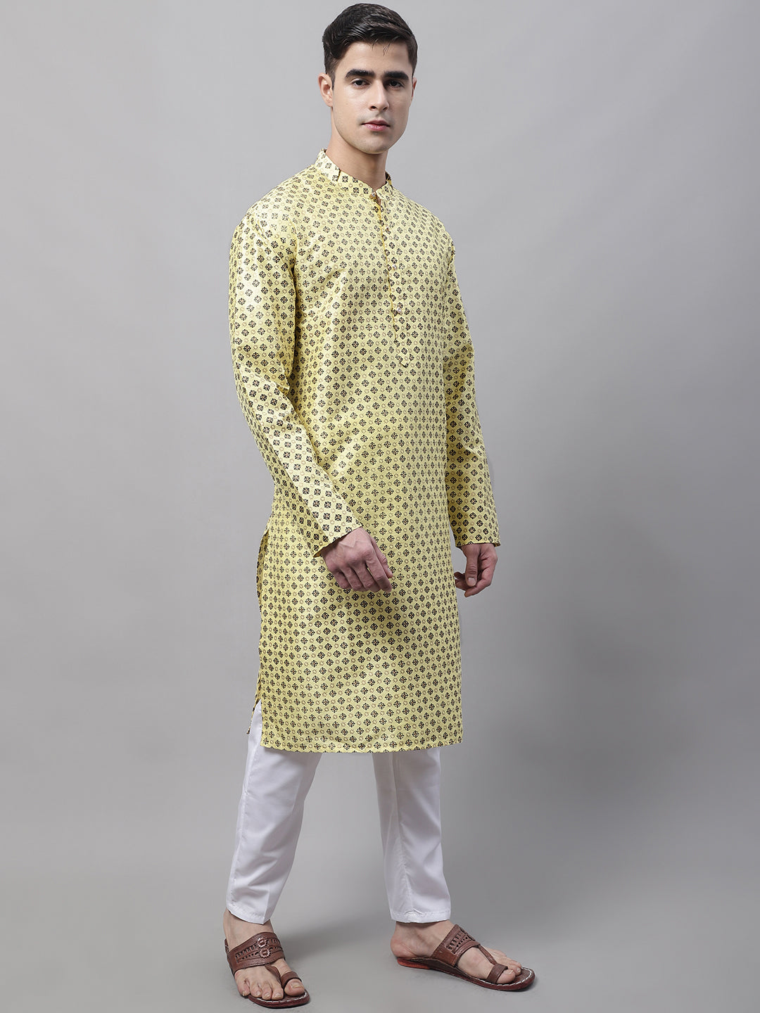 Men's Yellow Printed Silk Blend Kurta Payjama ( JOKP P 686 Yellow )