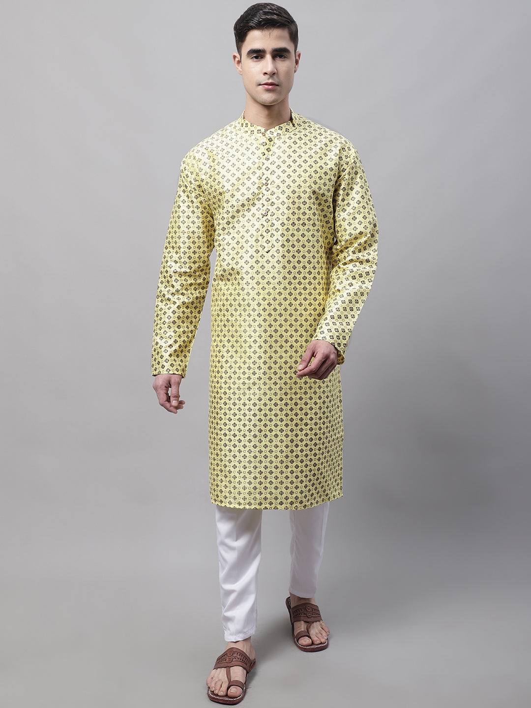 Men's Yellow Printed Silk Blend Kurta Payjama ( JOKP P 686 Yellow )