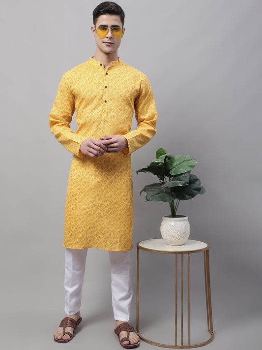Men's Yellow Printed Pure Cotton Kurta Payjama Set
