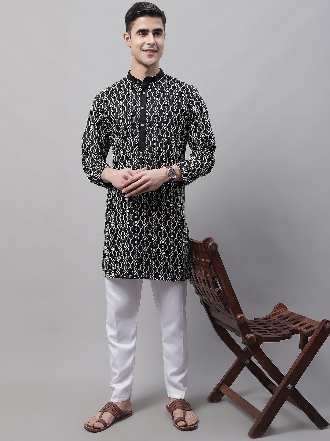 Men's Black and Multi Coloured Embroidered Straight Kurta Pyjama Set