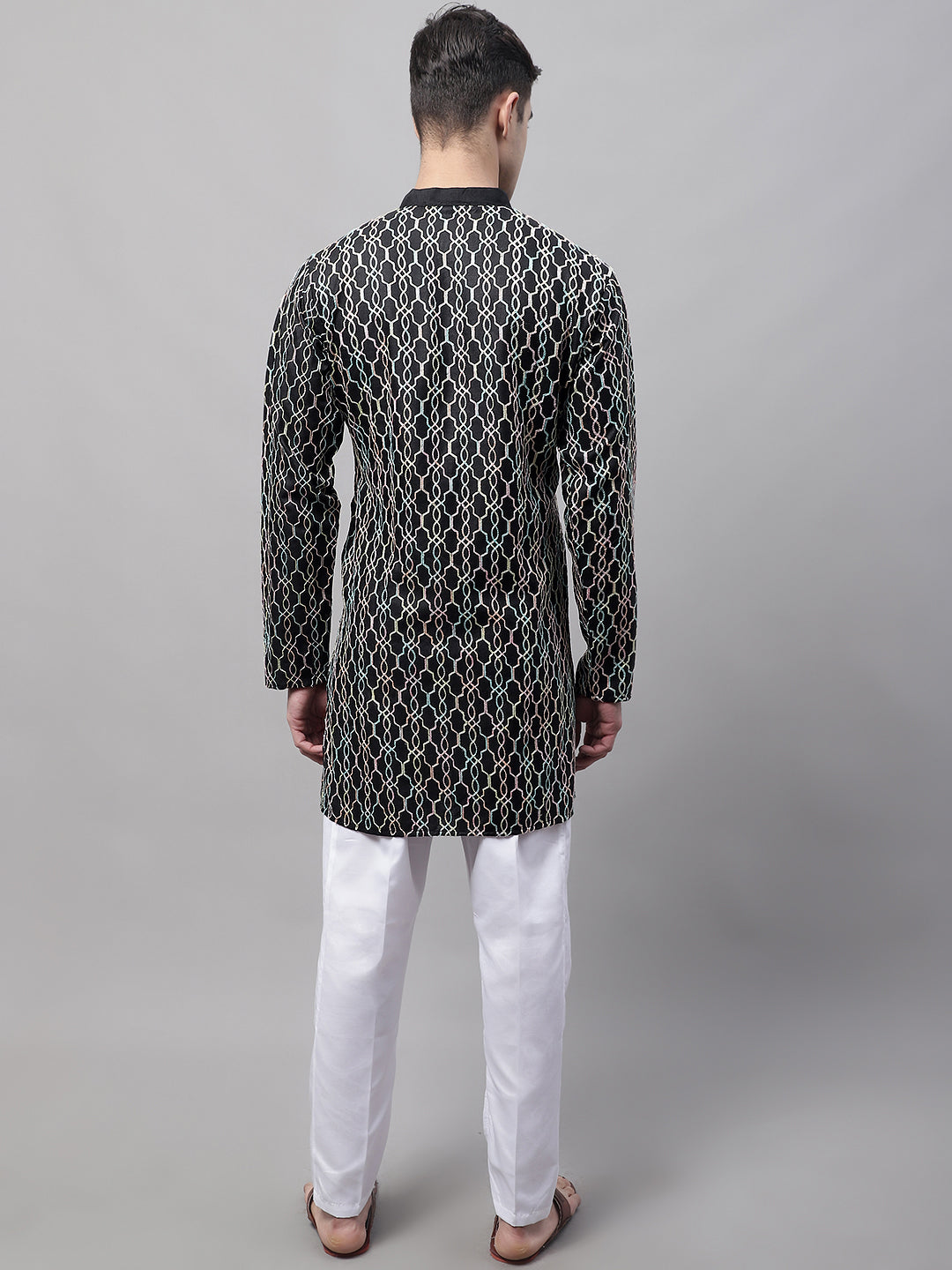 Men's Black and Multi Coloured Embroidered Straight Kurta Pyjama Set