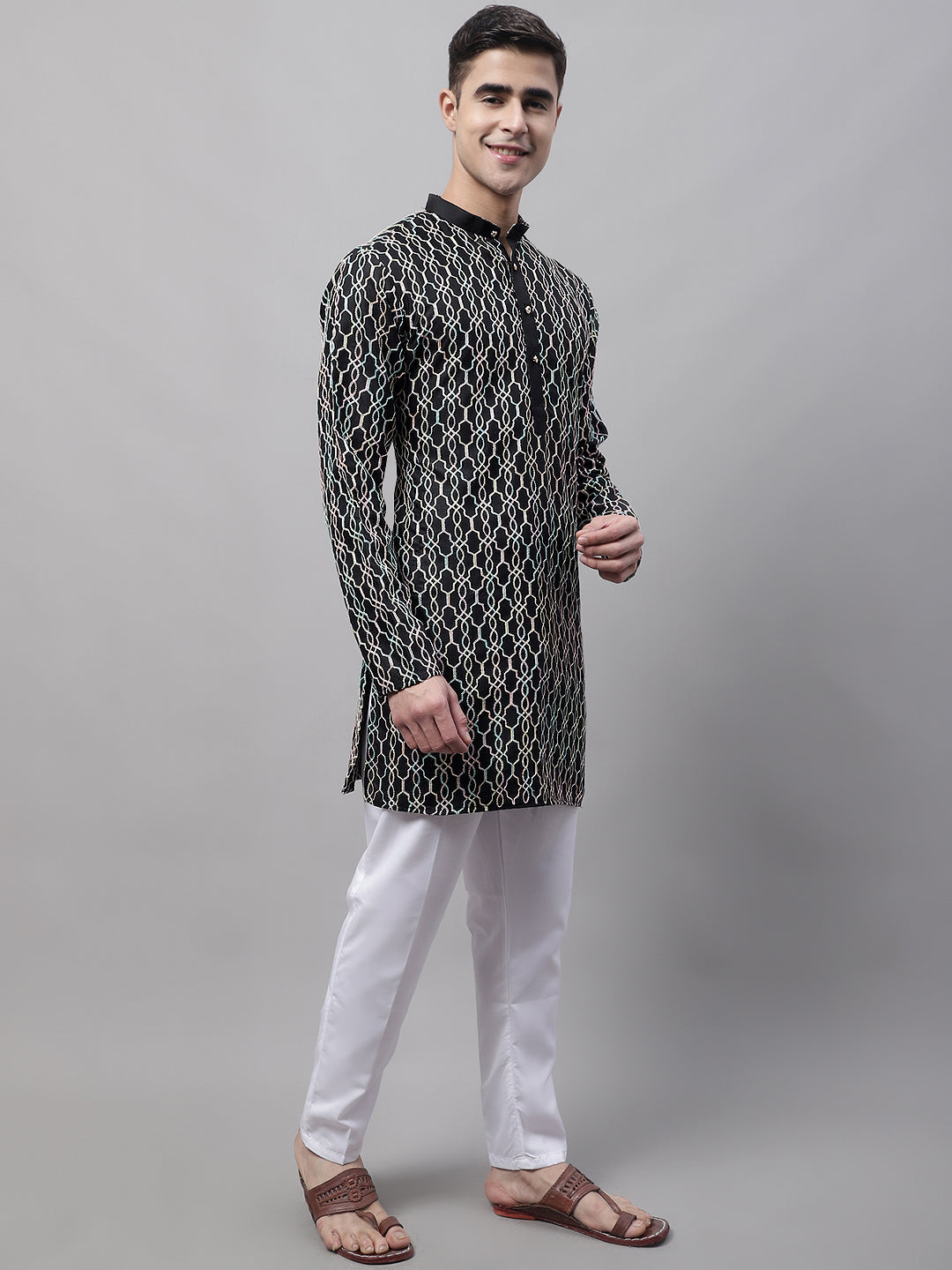 Men's Black and Multi Coloured Embroidered Straight Kurta Pyjama Set