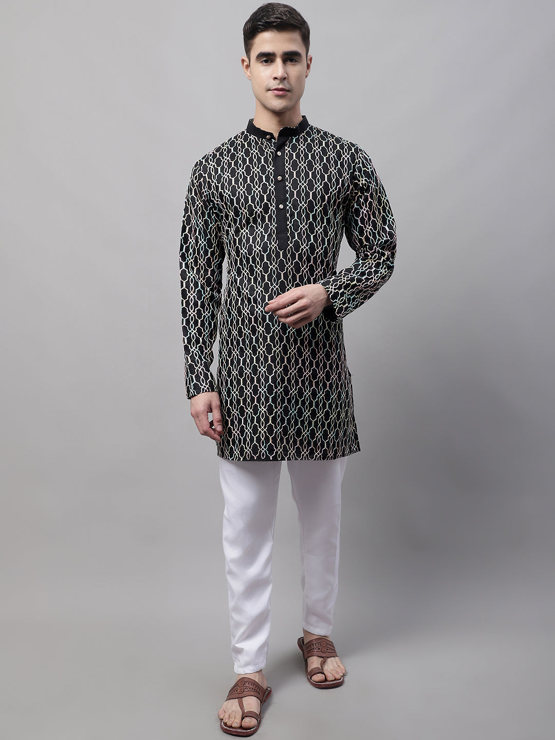 Men's Black and Multi Coloured Embroidered Straight Kurta Pyjama Set