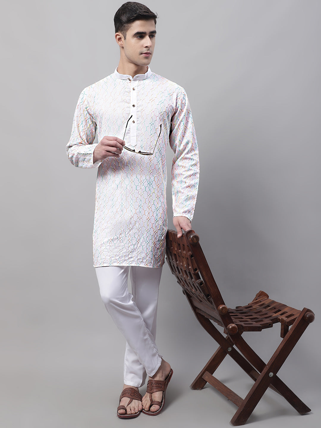 Men's White and Multi Coloured Embroidered Straight Kurta Pyjama Set