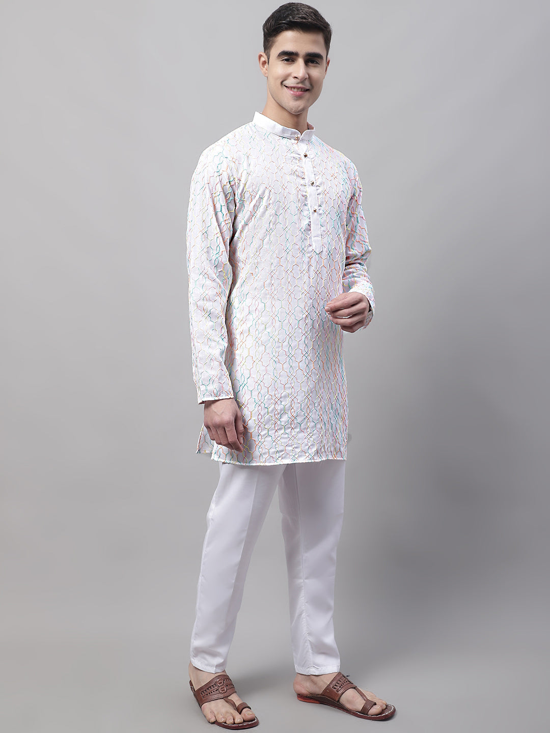 Men's White and Multi Coloured Embroidered Straight Kurta Pyjama Set