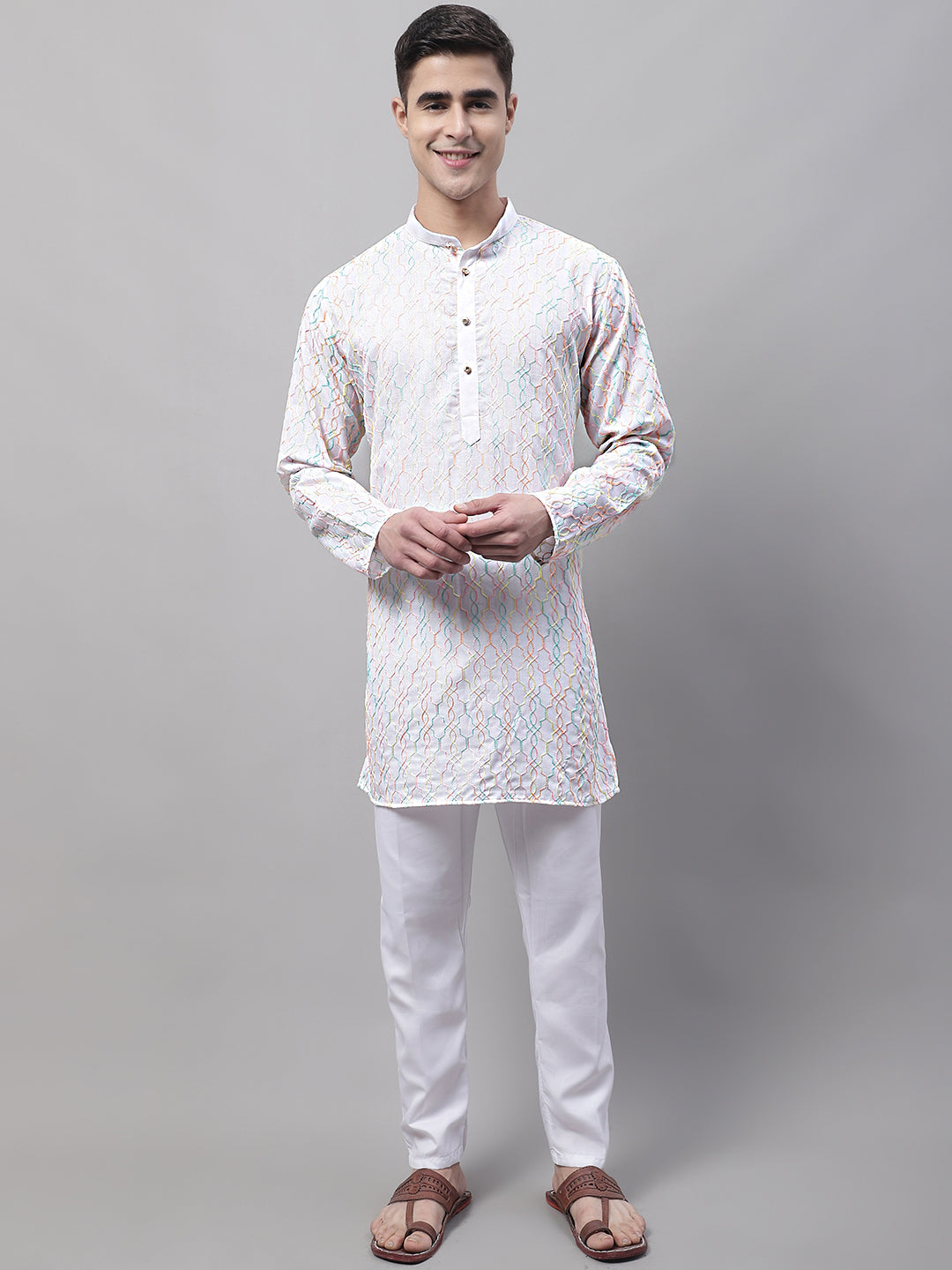 Men's White and Multi Coloured Embroidered Straight Kurta Pyjama Set