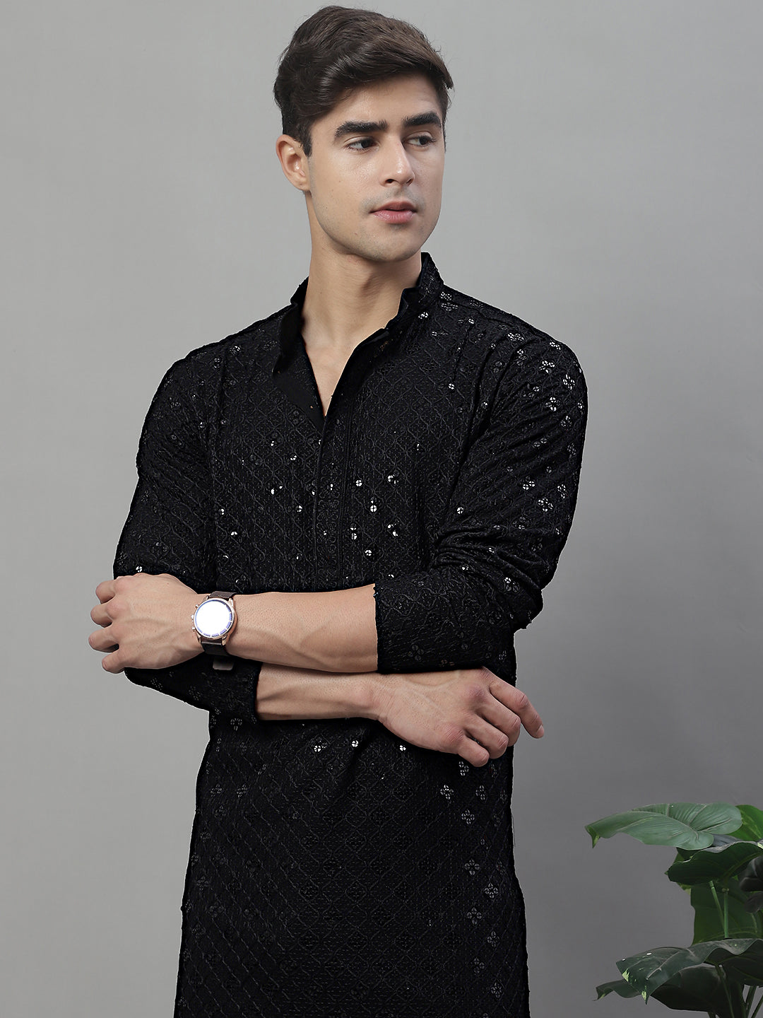 Men's Black Chikankari Embroidered and Sequence Kurtas