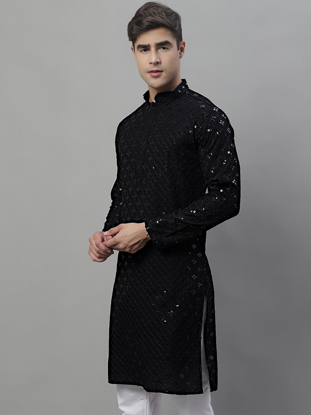 Men's Black Chikankari Embroidered and Sequence Kurtas