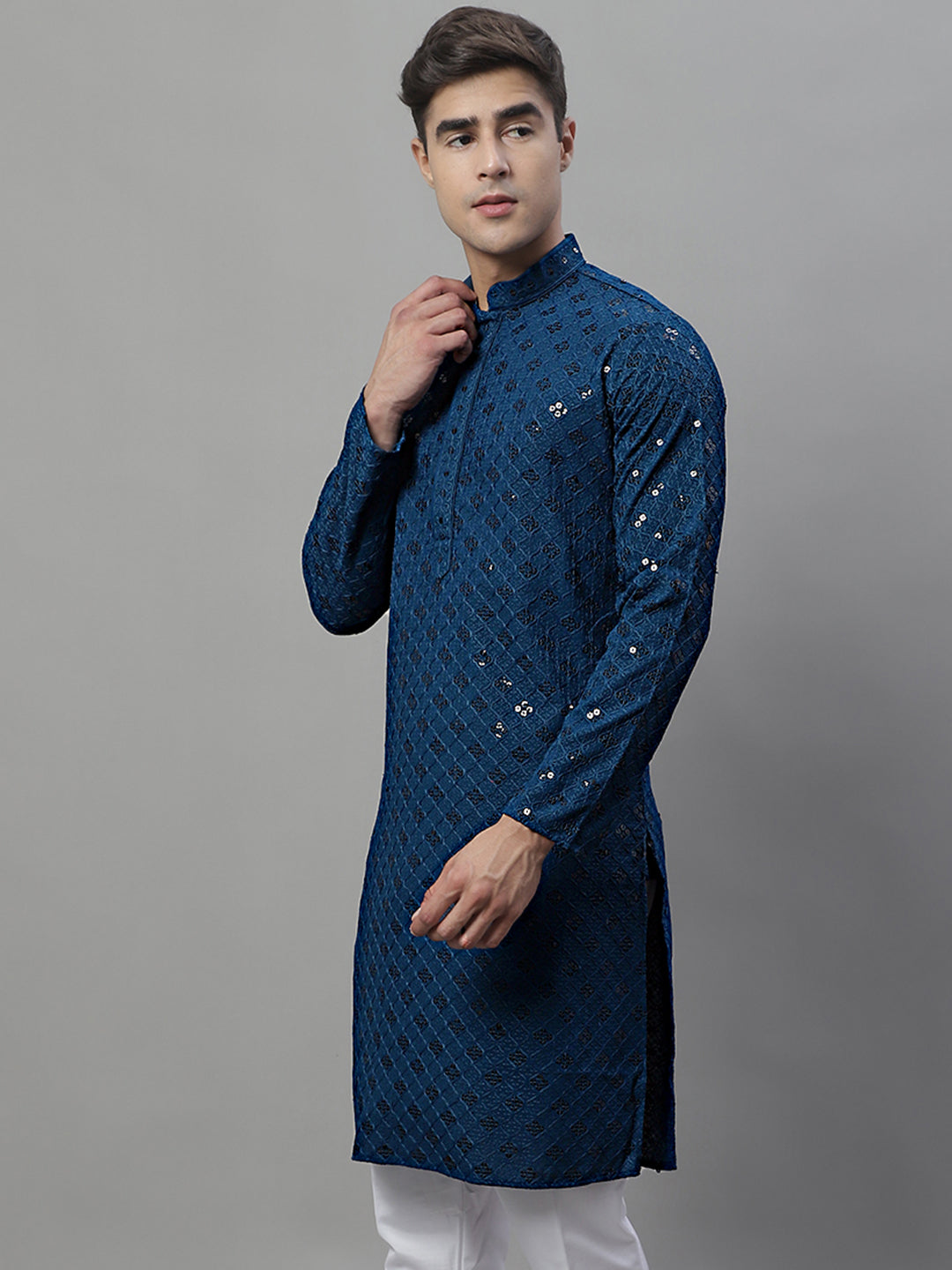 Men's Peacock Blue Chikankari Embroidered and Sequence Kurtas