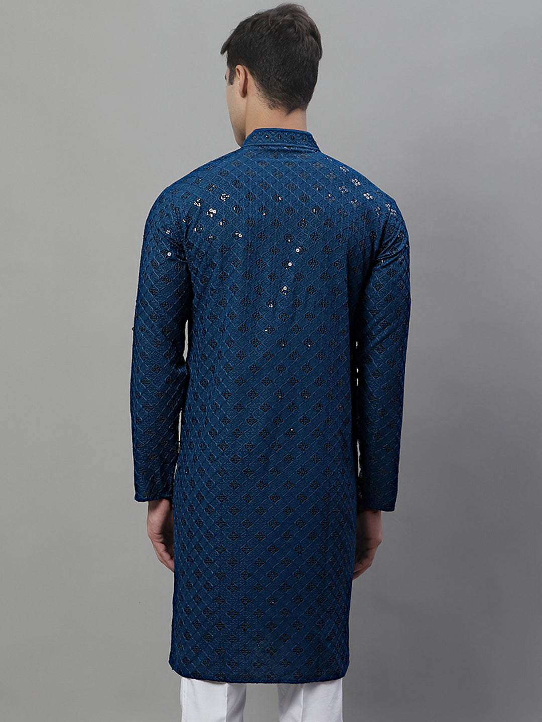 Men's Peacock Blue Chikankari Embroidered and Sequence Kurtas