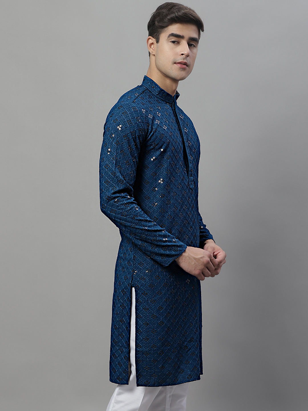 Men's Peacock Blue Chikankari Embroidered and Sequence Kurtas