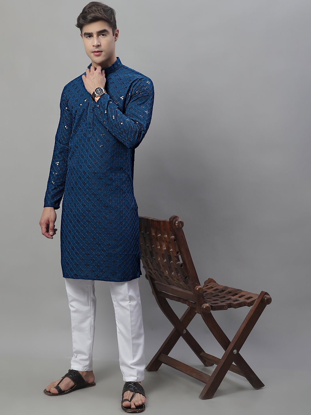 Men's Peacock Blue Chikankari Embroidered and Sequence Kurtas