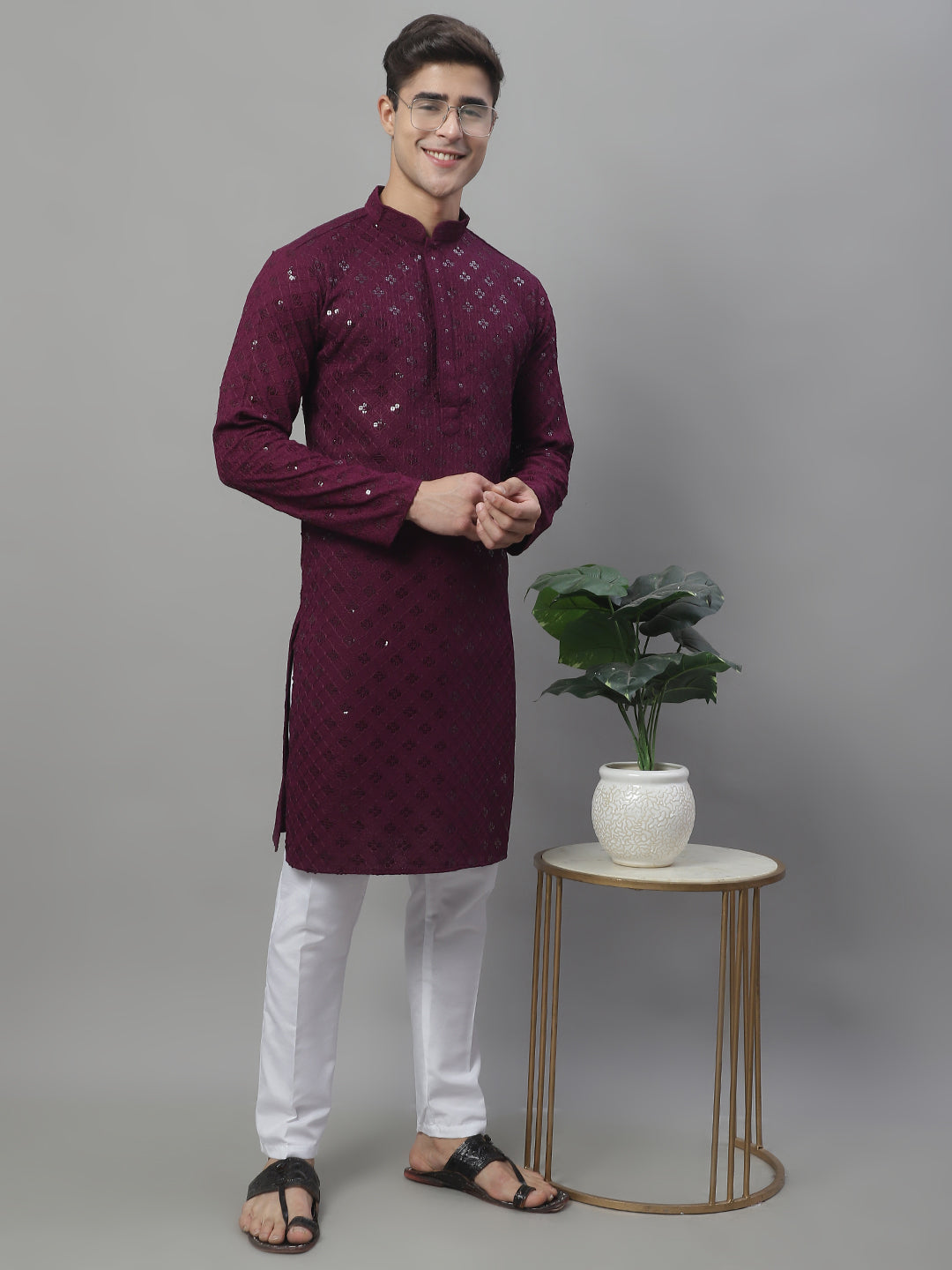 Men's Purple Chikankari Embroidered and Sequence Kurtas