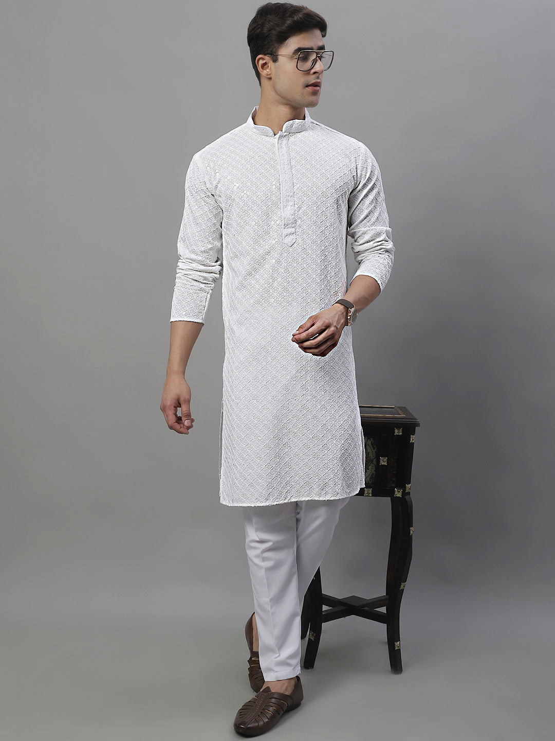 Men's White Chikankari Embroidered and Sequence Kurtas