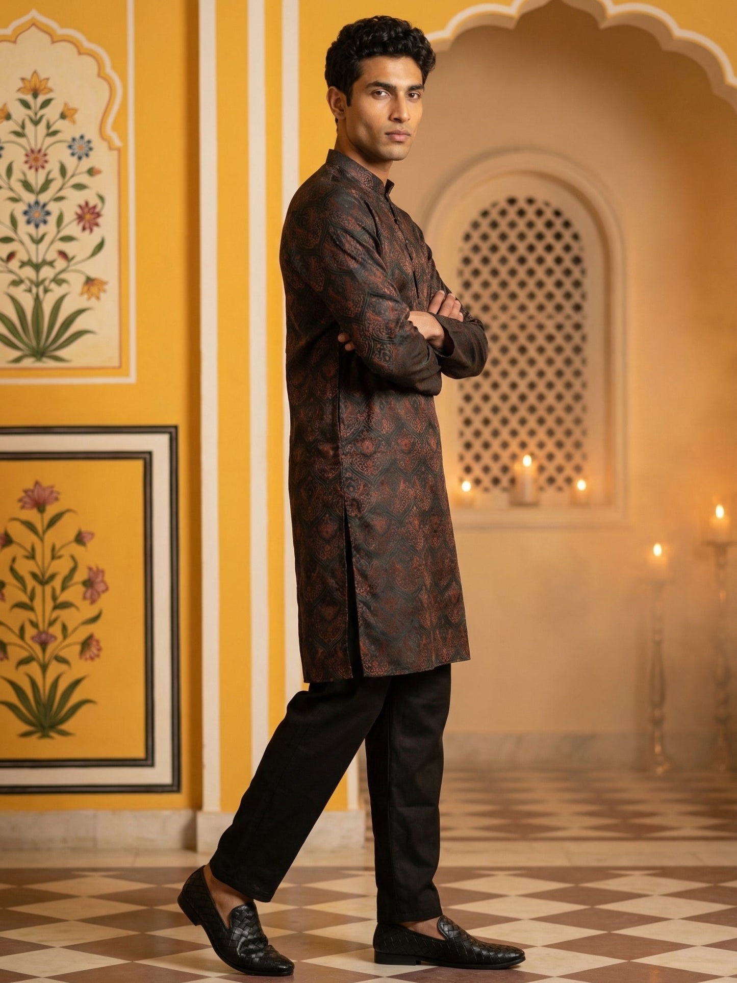 Jacquard Silk Kurta Pyjama Set for Men ( JOKP B-P 5043Bronze )
