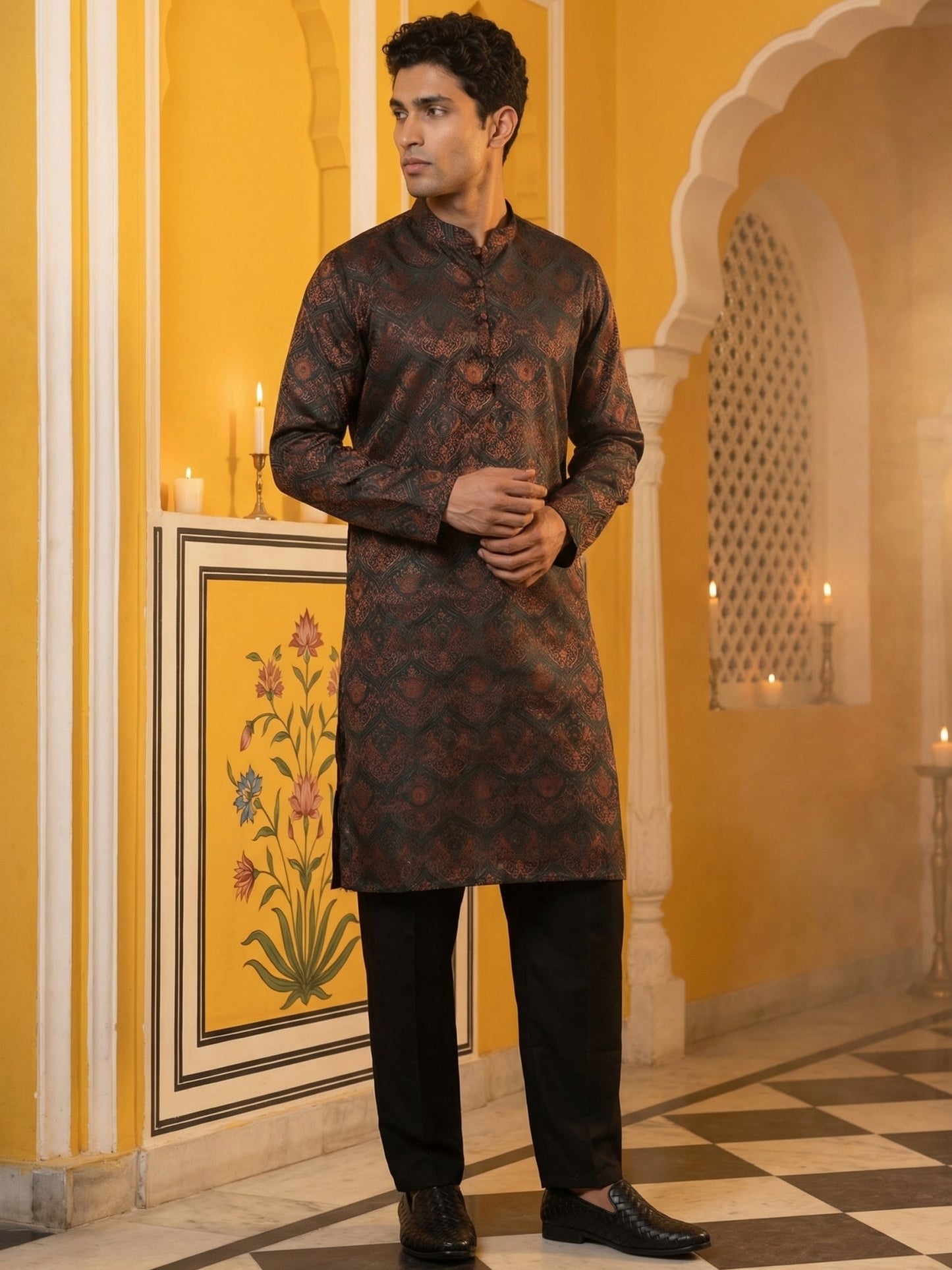 Jacquard Silk Kurta Pyjama Set for Men ( JOKP B-P 5043Bronze )