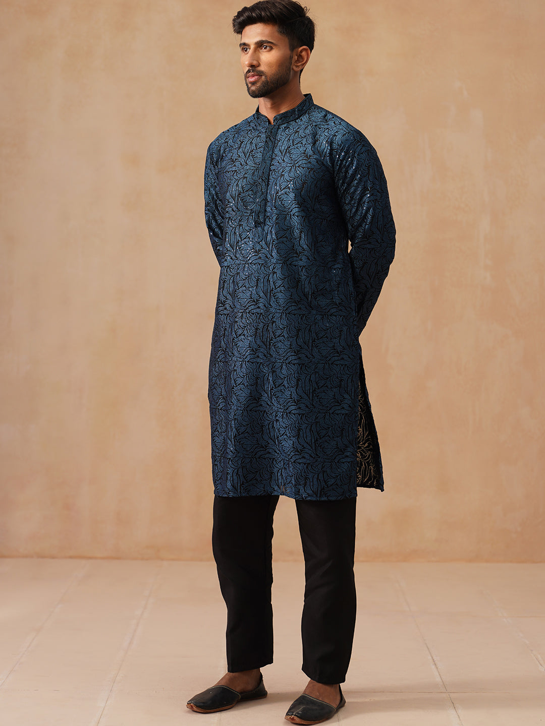 Embroidered & Sequins Straight Kurta with Pyjamas ( JOKP B-P 5205 B-P 5205Peacock )