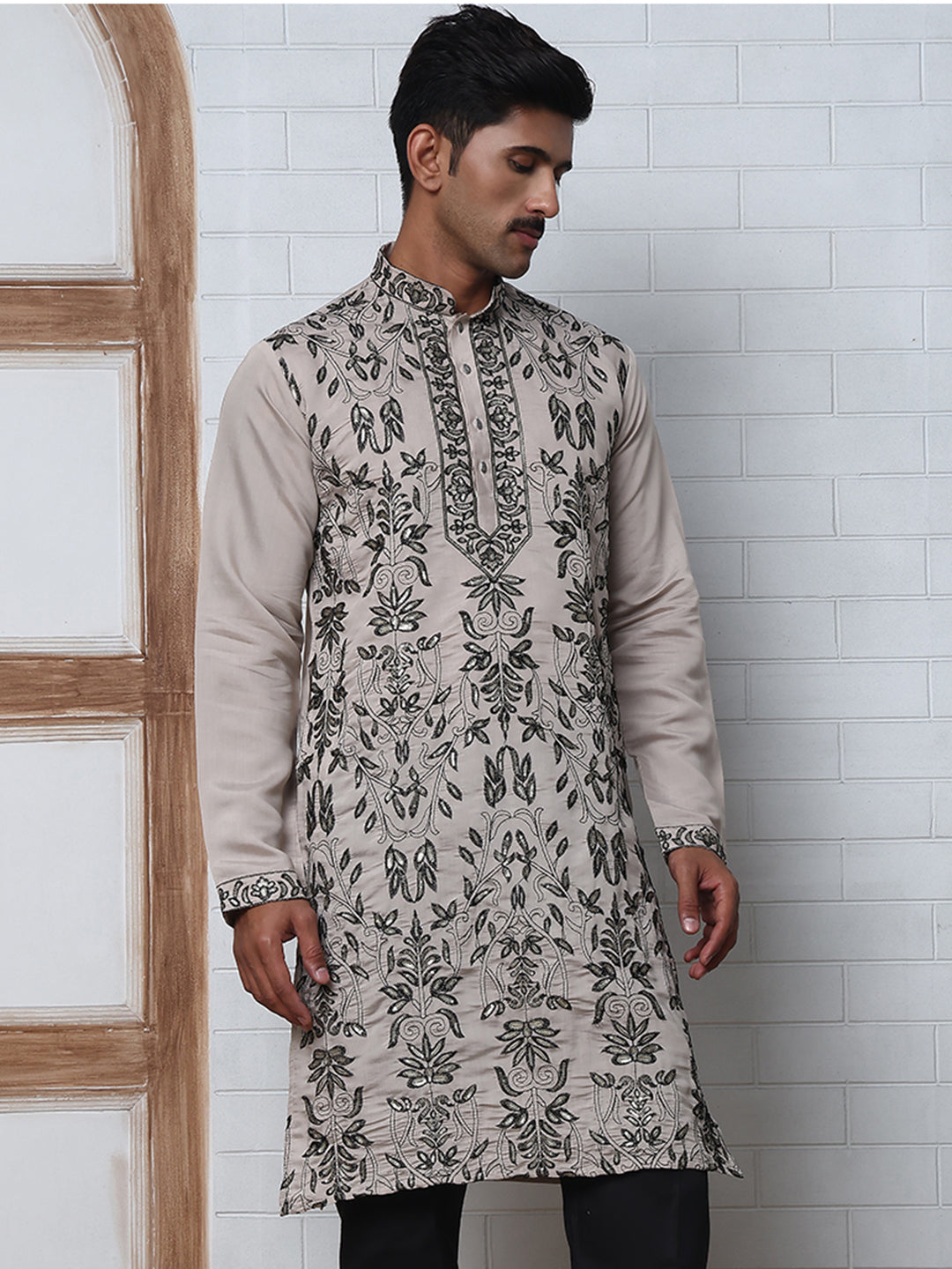 Embroidered & Sequins Kurta Set For Men (JOKP P B-P 5226 Beige )