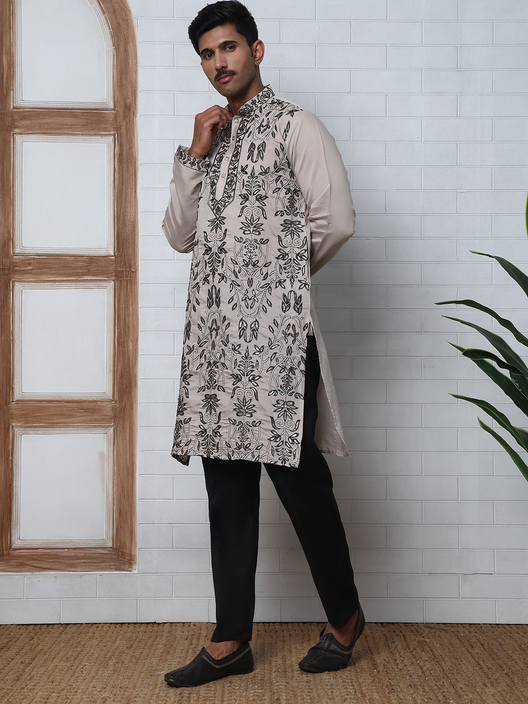 Embroidered & Sequins Kurta Set For Men (JOKP P B-P 5226 Beige )