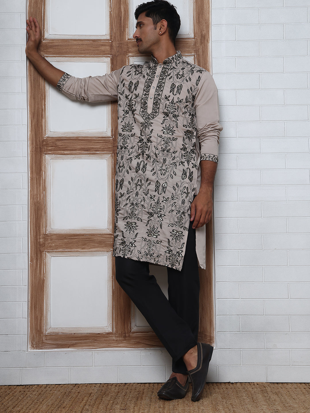 Embroidered & Sequins Kurta Set For Men (JOKP P B-P 5226 Beige )