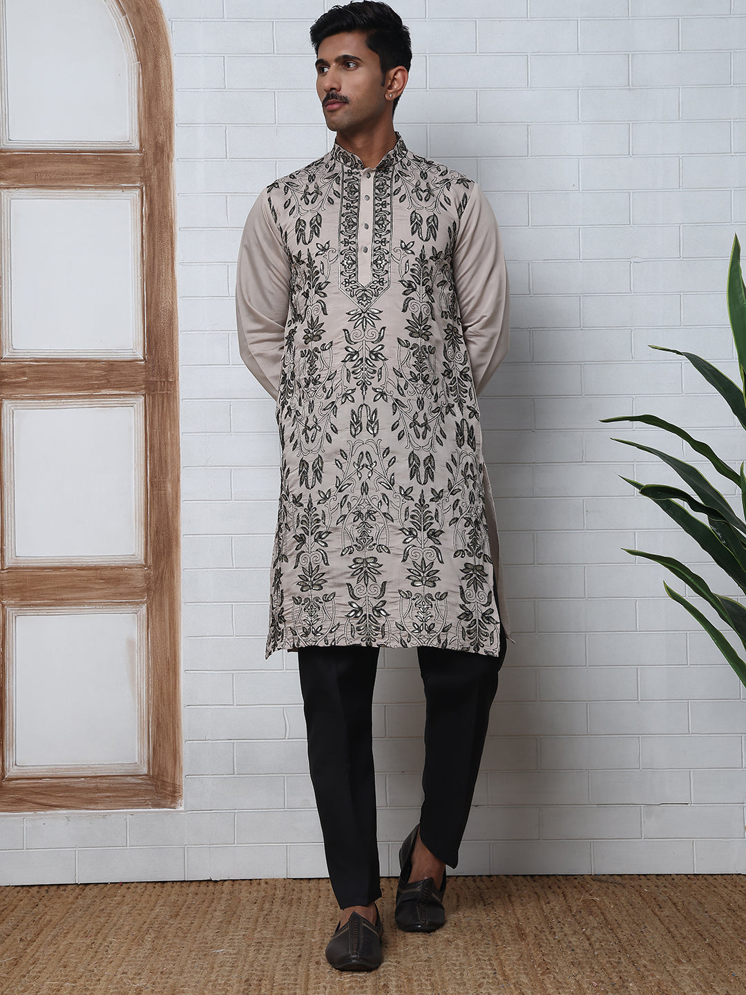 Embroidered & Sequins Kurta Set For Men (JOKP P B-P 5226 Beige )