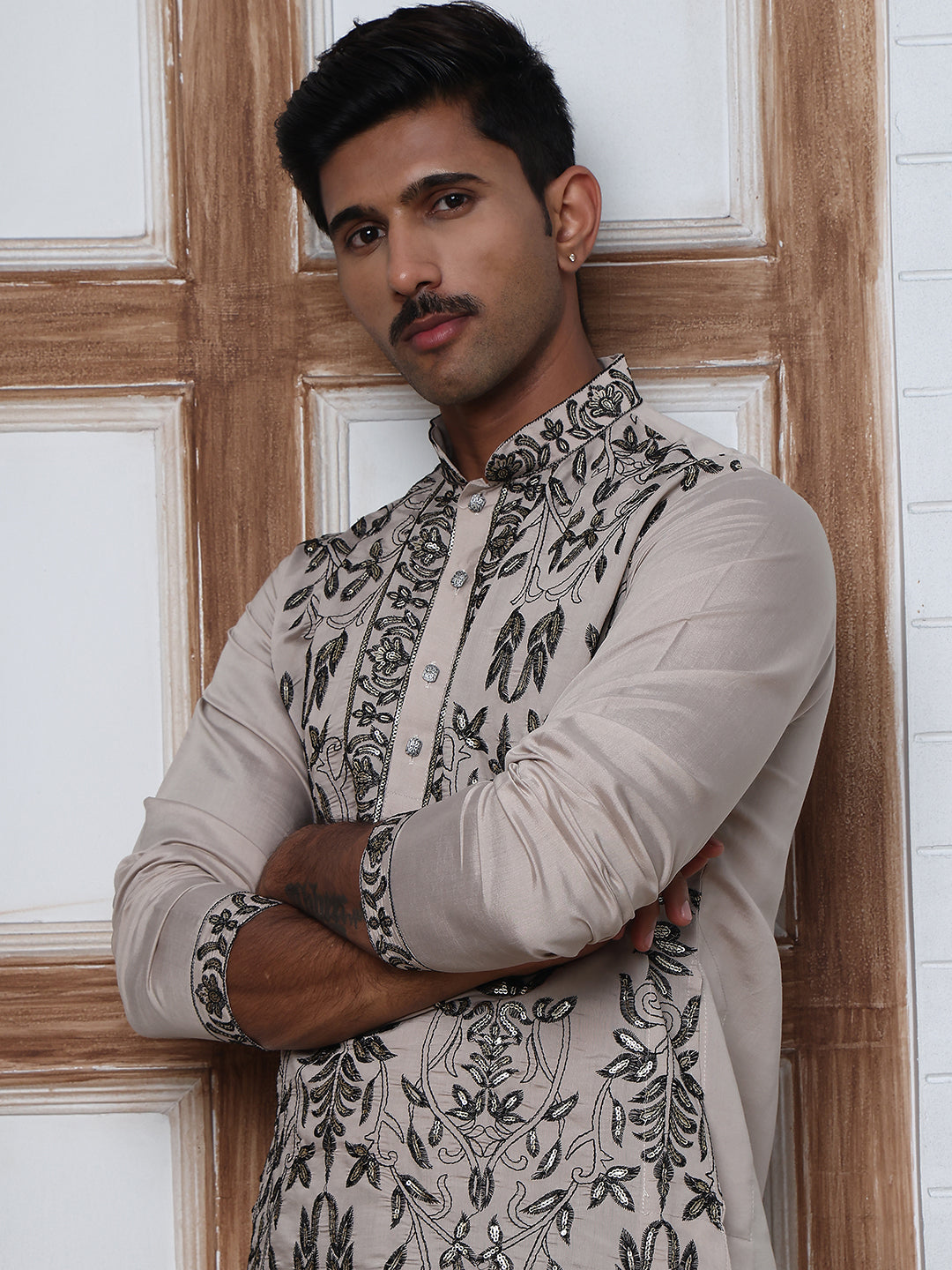 Embroidered & Sequins Kurta Set For Men (JOKP P B-P 5226 Beige )