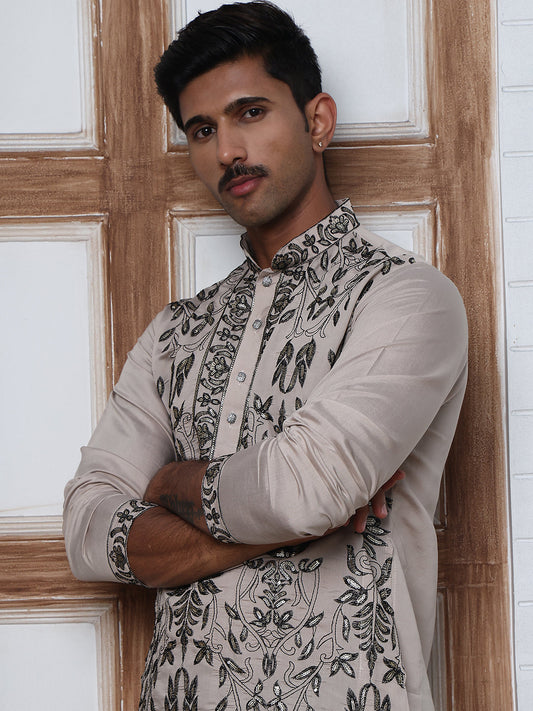 Embroidered & Sequins Kurta Set For Men (JOKP P B-P 5226 Beige )