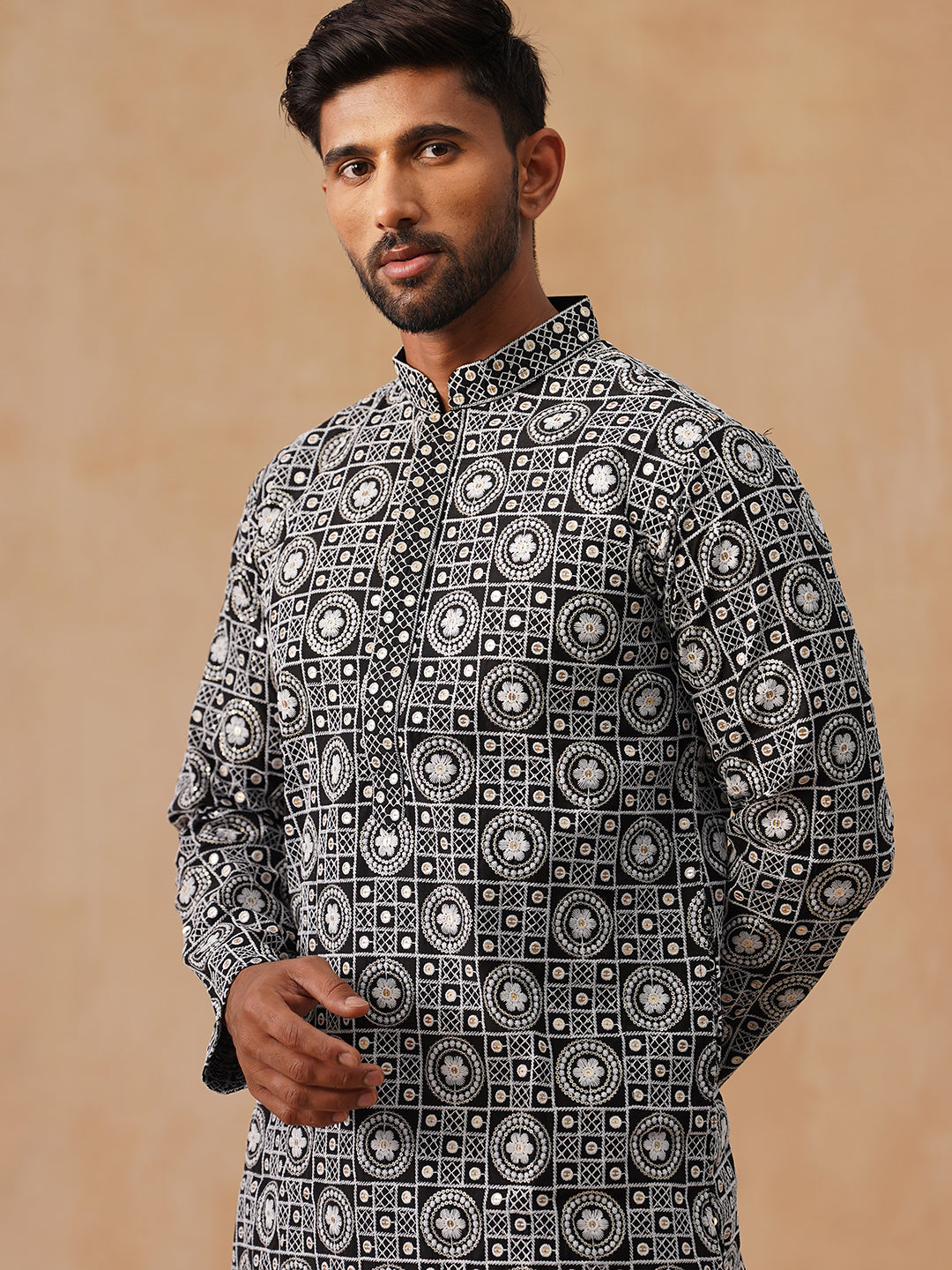 Classic Geometric Embroidered Kurtas ( KO 5279 Black )