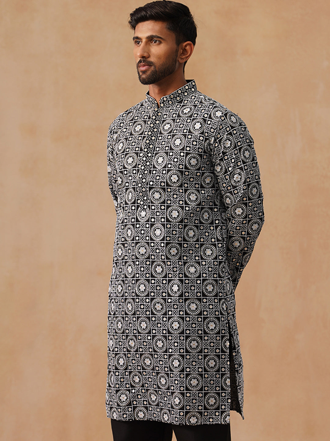 Classic Geometric Embroidered Kurtas ( KO 5279 Black )