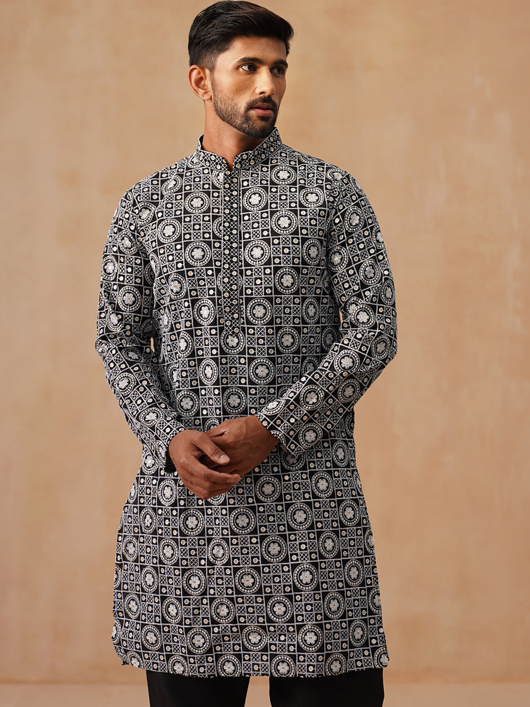 Classic Geometric Embroidered Kurtas ( KO 5279 Black )