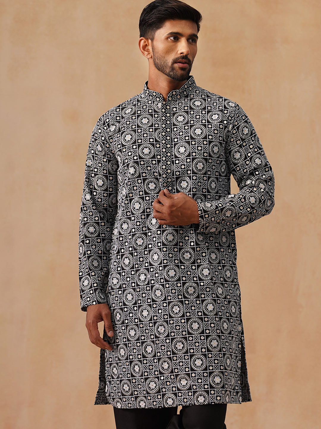 Classic Geometric Embroidered Kurtas ( KO 5279 Black )