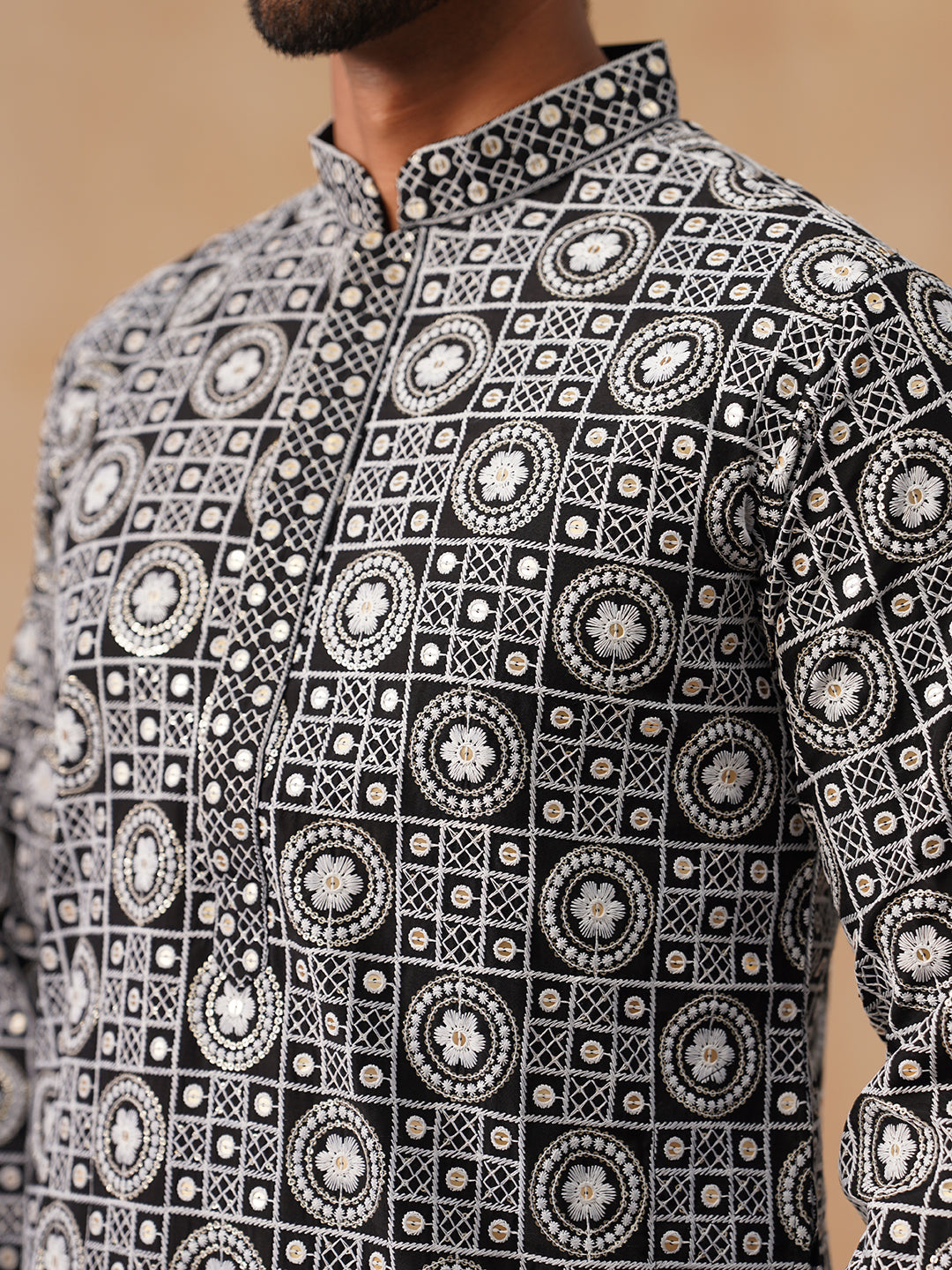 Classic Geometric Embroidered Kurtas ( KO 5279 Black )
