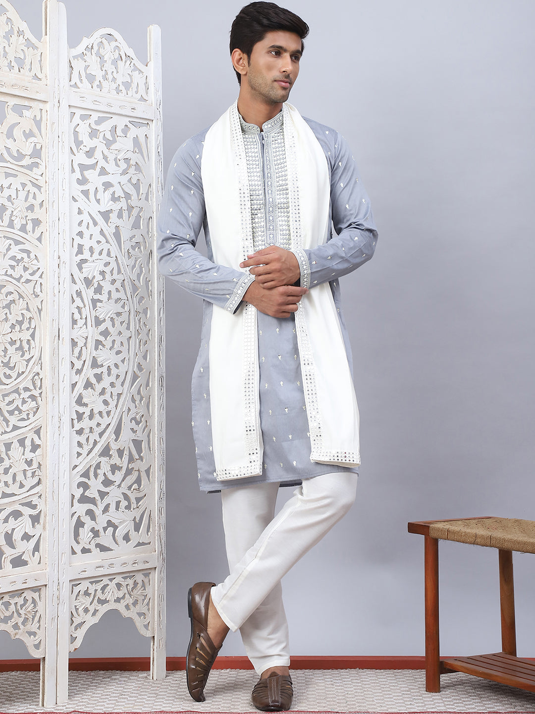 Sequins Embroidered Kurta Pyjama With Dupatta Set