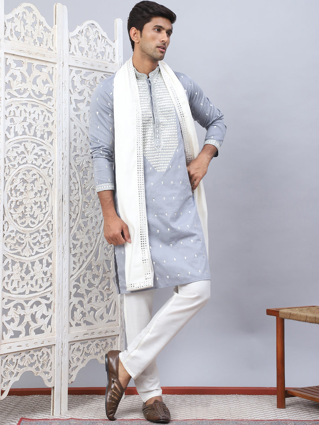 Sequins Embroidered Kurta Pyjama With Dupatta Set