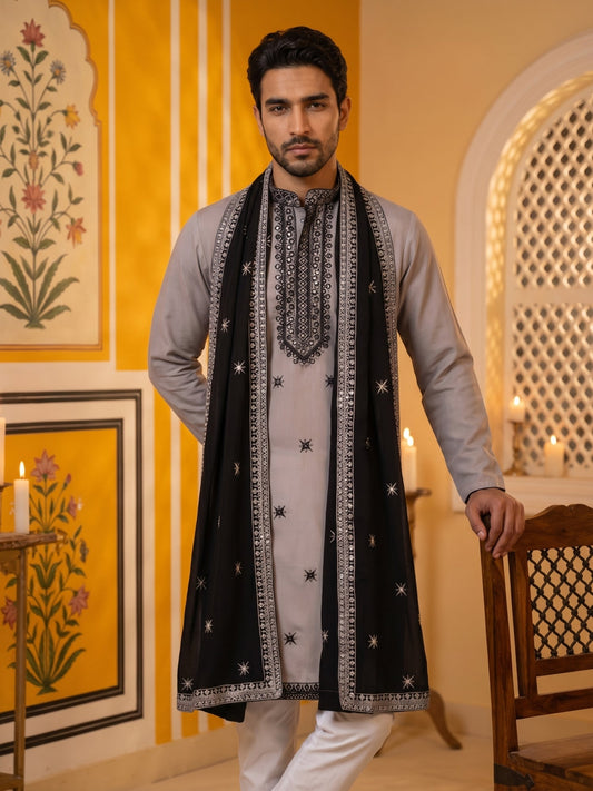 Embroidered Silk Blend Kurta Pyjama and Dupatta Set for Men ( JOKP P D 5077Grey )
