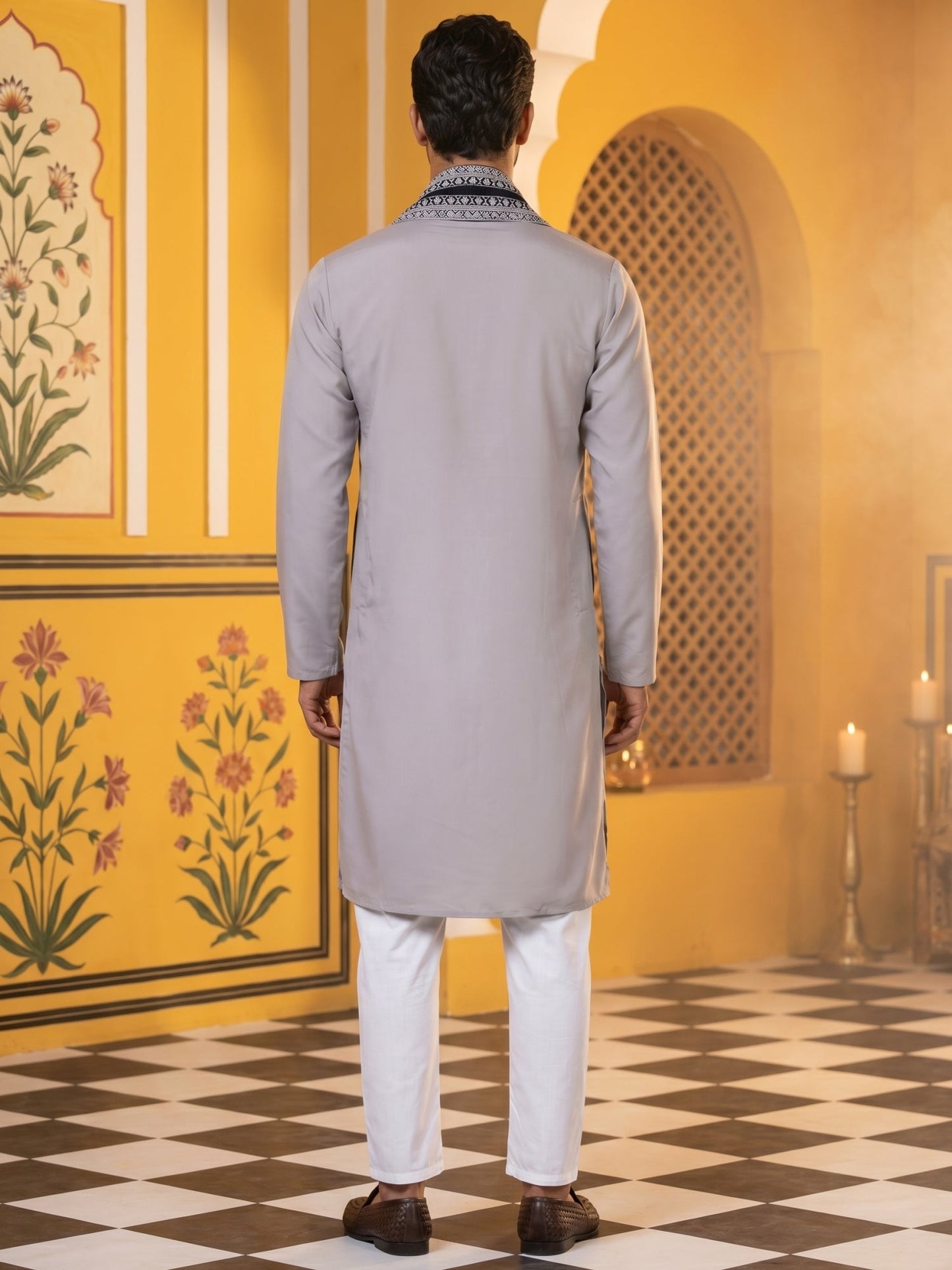 Embroidered Silk Blend Kurta Pyjama and Dupatta Set for Men ( JOKP P D 5077Grey )