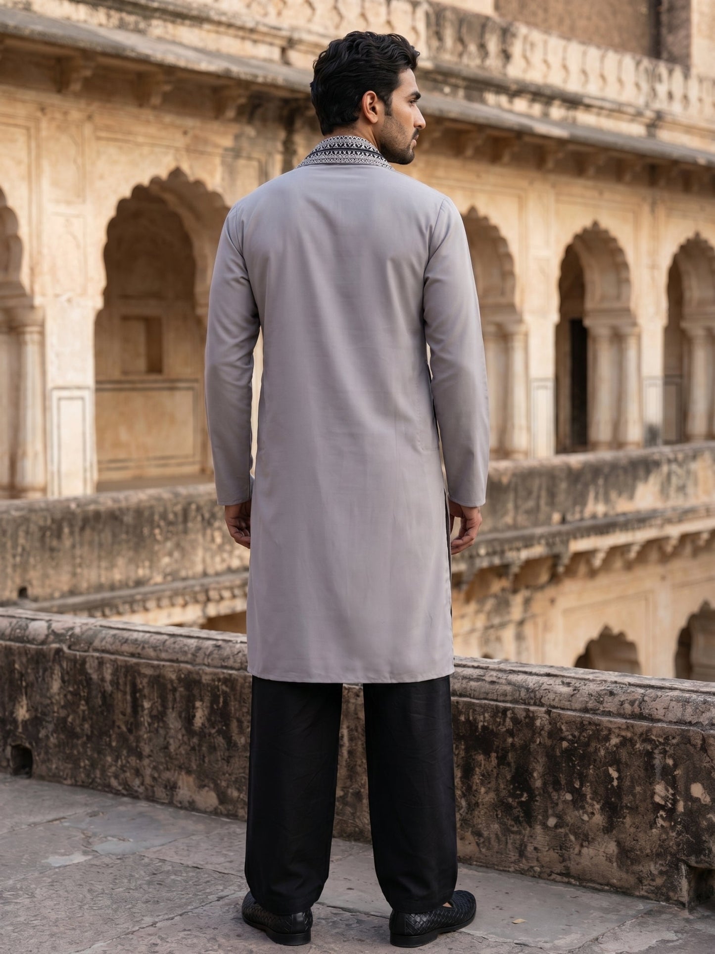 Embroidered Silk Blend Kurta Pyjama and Dupatta Set for Men
